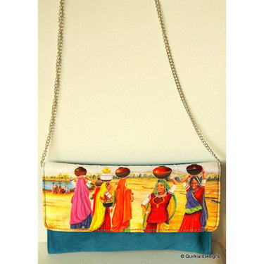 Blue Clutch Purse, Indian Village Girls, Wedding & Party Clutch, Faux Leather and Fabric Purse